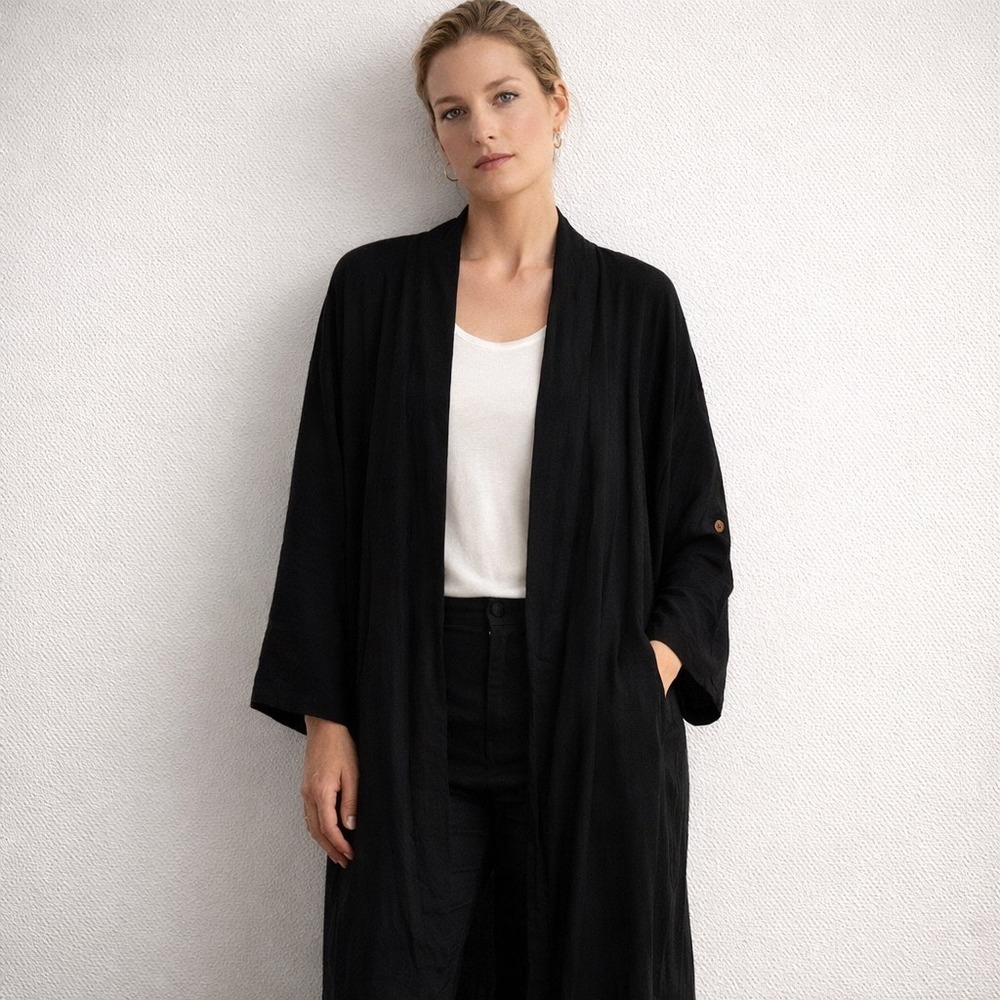 EMERY ROSE Black Duster Cardigan Kimono Open Front Button Sleeve Lightweight M